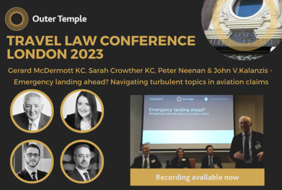 OTC’s leading Travel Law team and a line-up of esteemed guests came together for our Annual Travel Law Conference on Thursday 19th October. The second and final panel session of the day, chaired by Gerard McDermott KC, was on the topic of navigating turbulent topics in aviation claims. Gerard was joined by panellists Sarah Crowther KC, Peter Neenan and John V. Kalantzis.