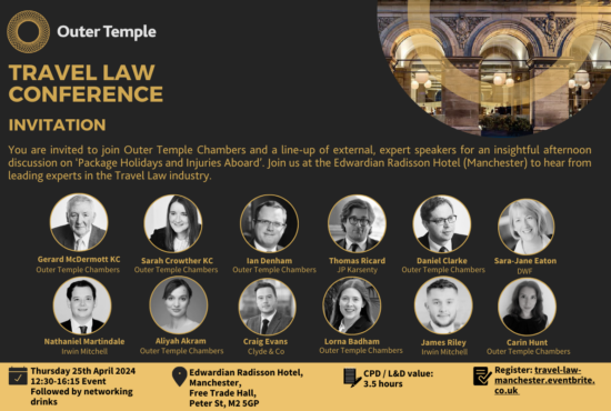 Join our leading travel law barristers and an esteemed line-up of external speakers for our annual Travel Law Conference on Thursday the 25th April 2024 in Manchester. This will be a hybrid event, with limited in-person tickets and streamed online.