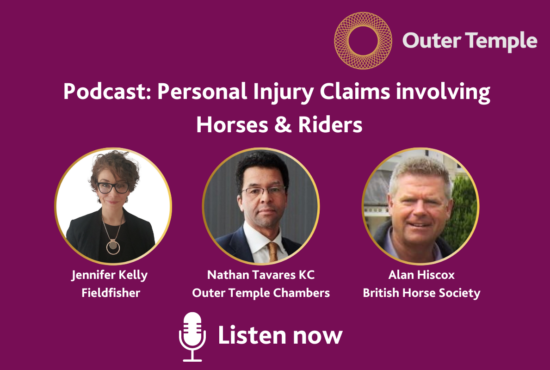 Outer Temple's personal injury and Animals Act specialist, Nathan Tavares KC, has recently discussed some of the issues surrounding personal injury claims involving horses and road traffic accidents, alongside Jennifer Kelly (Personal Injury Solicitor) and Alan Hiscox (Director of Safety at the British Horse Society).