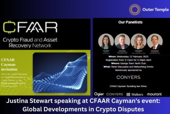 Justina Stewart speaking at CFAAR Cayman's event: Global Developments in Crypto Disputes