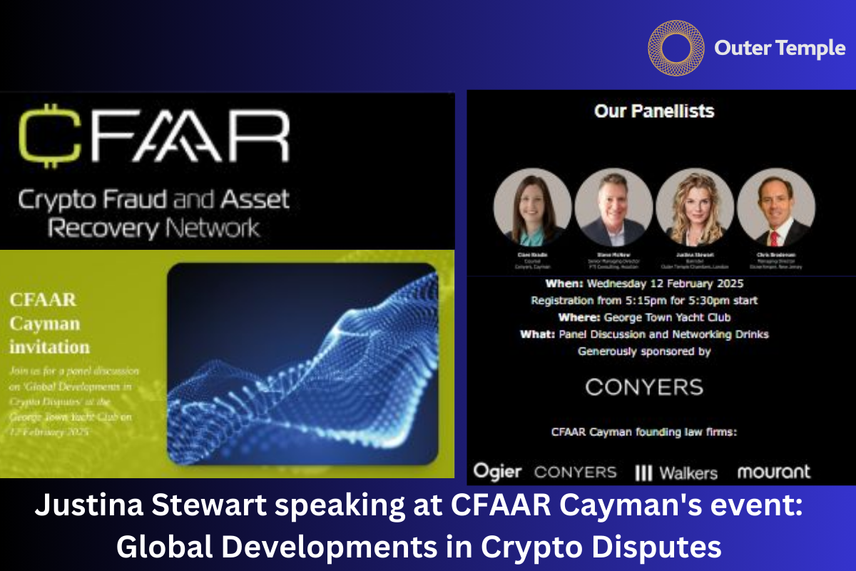 Justina Stewart speaking at CFAAR Cayman's event: Global Developments in Crypto Disputes